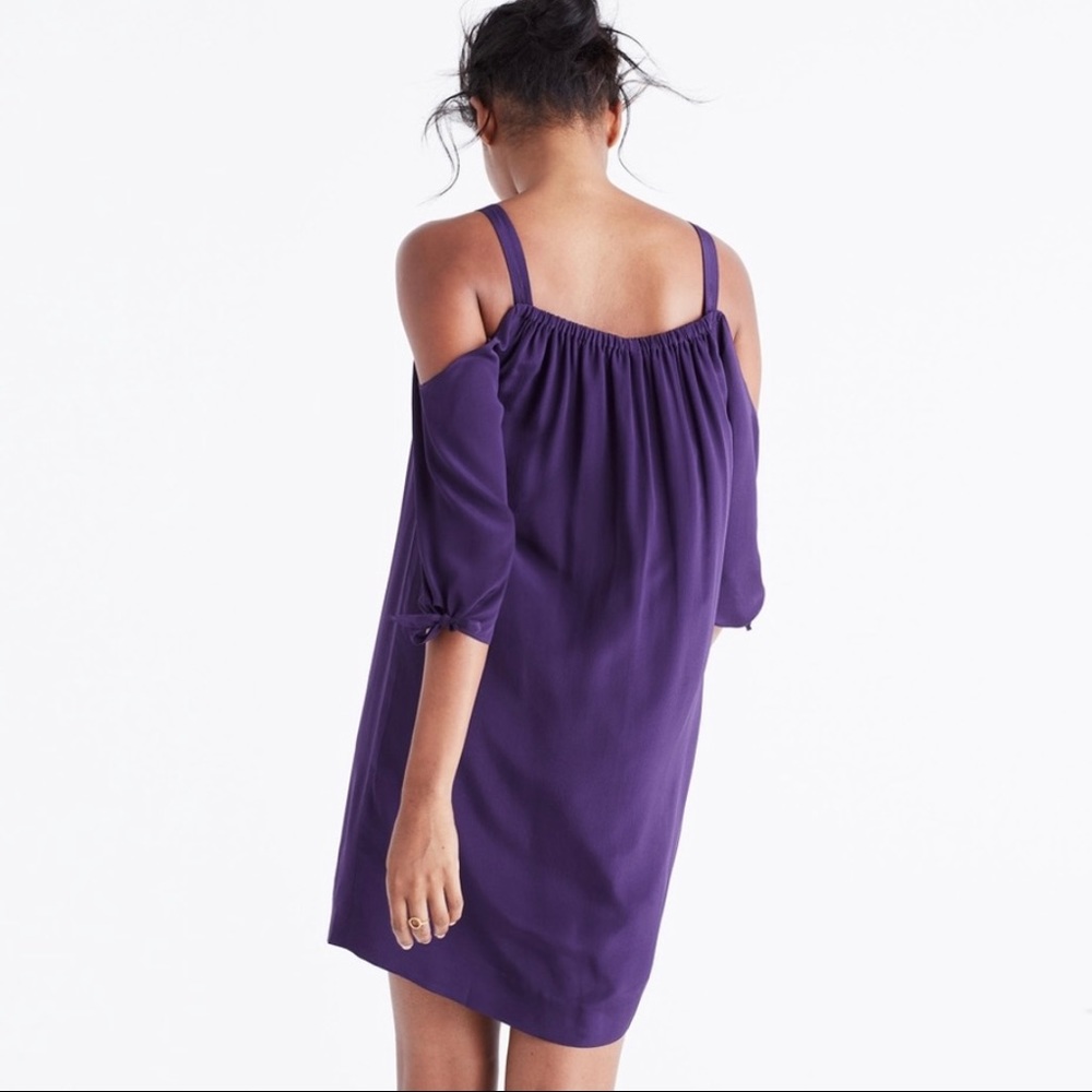 Madewell Silk Tie Sleeve Cold Shoulder Shift Dress Purple F9142 Size 6 - Picture 3 of 13